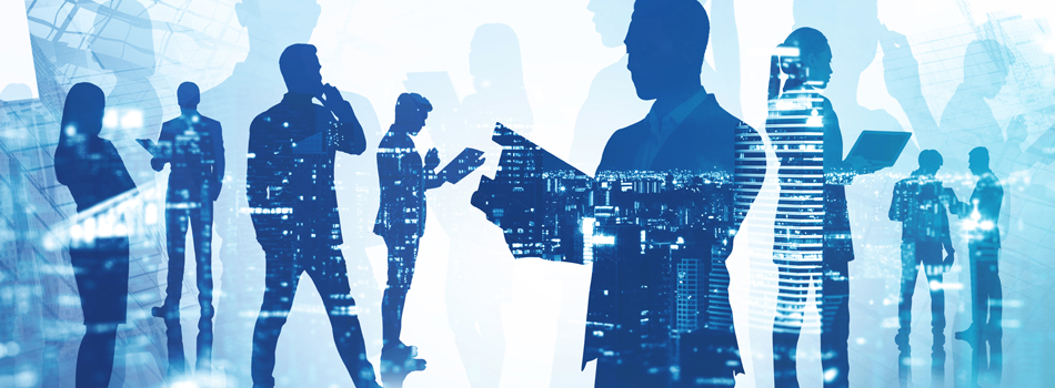 ぼやけた街で協力して働くシルエット